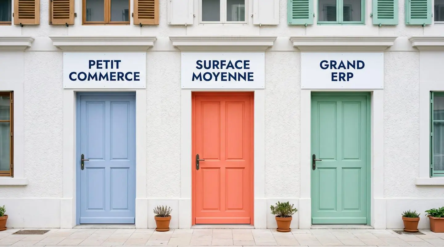 Trois portes colorées parfaitement alignées (bleu, corail, vert menthe) avec panneaux français indiquant Petit commerce, Surface moyenne, Grand ERP, composition symétrique